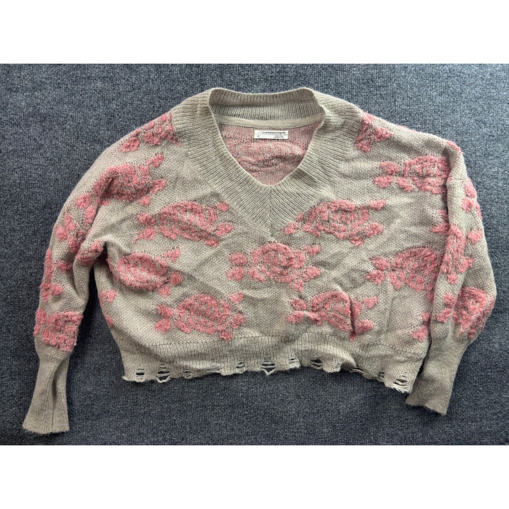 Anthropologie Floral V-Neck Sweater Womens XS Pink Distressed Hem Alpaca Blend